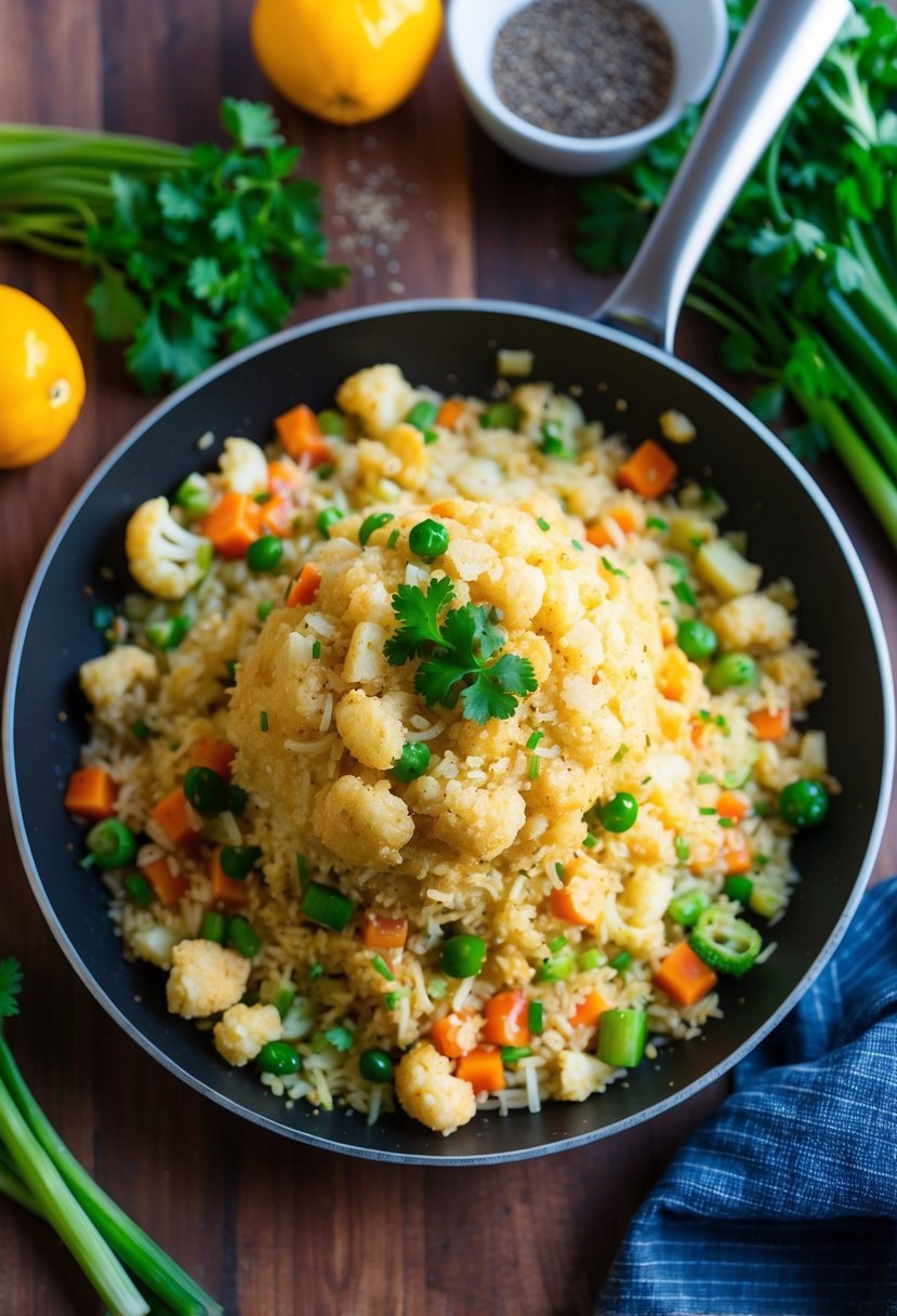 A sizzling skillet of cauliflower fried rice, surrounded by colorful keto-friendly vegetables and seasonings, ready for a beginner chef to enjoy