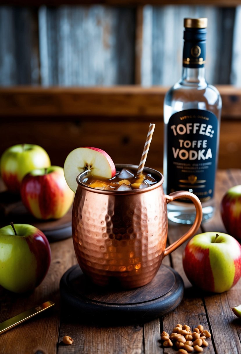 A rustic wooden bar with a copper mug filled with toffee apple vodka mule, surrounded by fresh apples and a bottle of toffee vodka