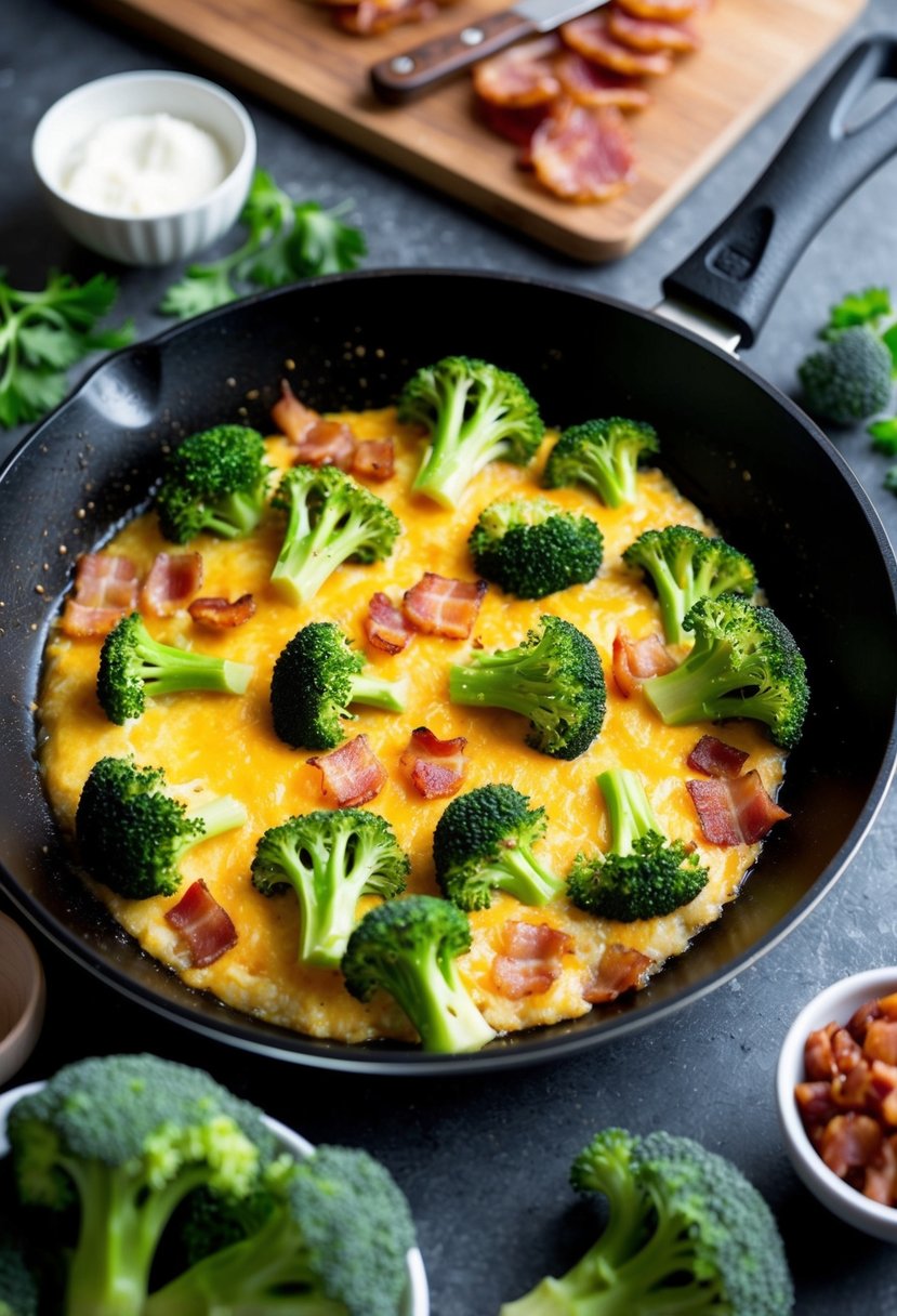 A skillet sizzling with broccoli, bacon, and melted cheese, surrounded by keto-friendly ingredients