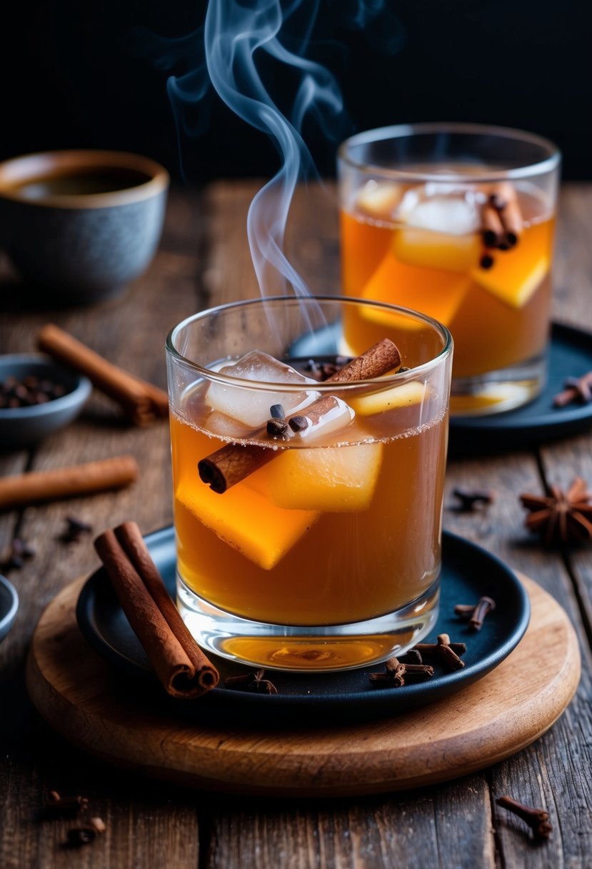 A steaming glass of spiced toffee vodka toddy surrounded by cinnamon sticks and cloves on a rustic wooden table