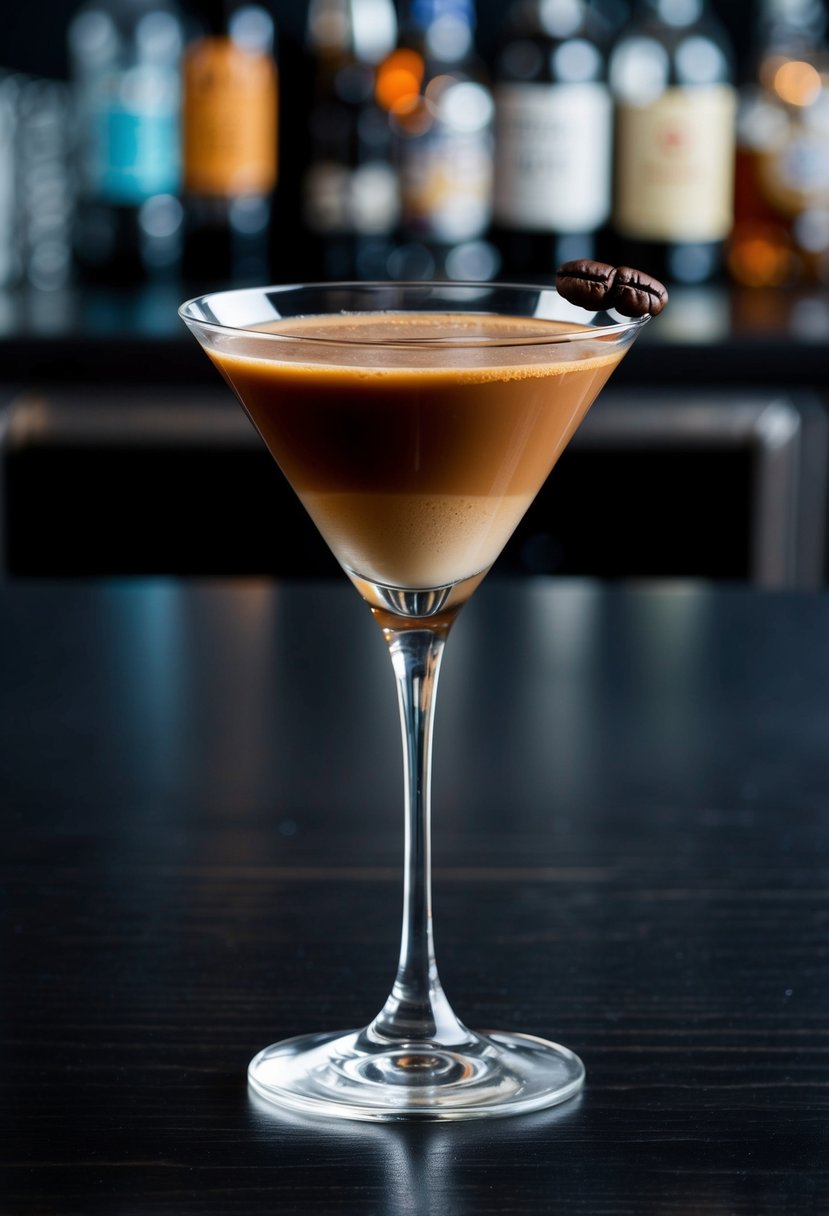 A sleek martini glass filled with toffee vodka espresso martini, garnished with a coffee bean, set on a dark wooden bar counter