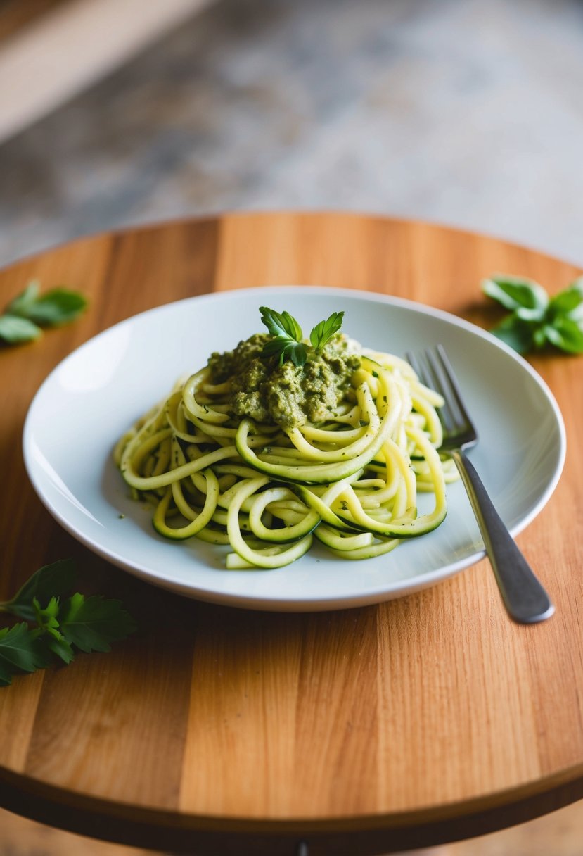 A plate of zucchini noodles topped with pesto sauce and garnished with fresh herbs on a wooden table