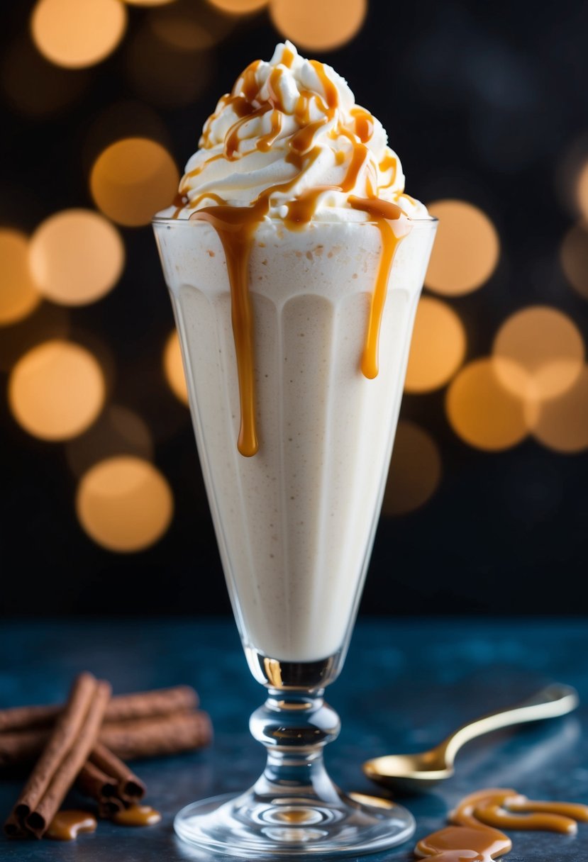 A tall glass filled with a creamy toffee vodka milkshake, topped with a dollop of whipped cream and drizzled with caramel sauce