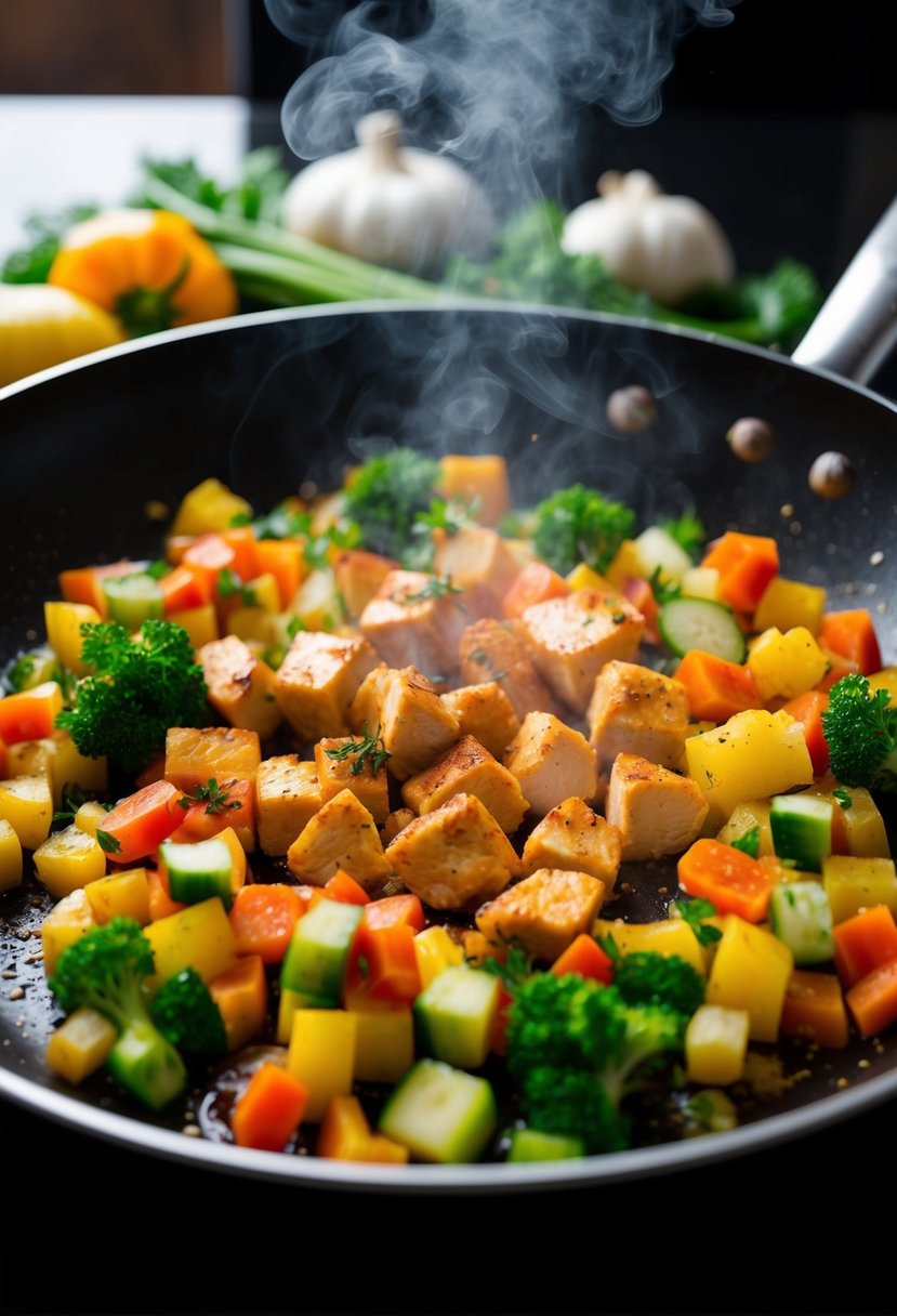 A colorful array of fresh vegetables and diced chicken sizzling in a hot pan, emitting a mouthwatering aroma of savory spices and herbs