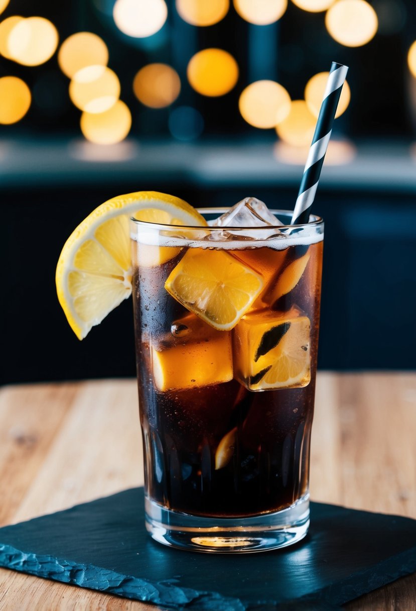 A glass filled with toffee vodka and coke, with ice cubes and a slice of lemon