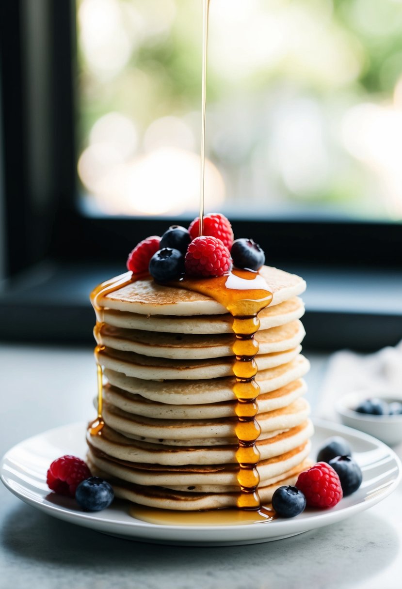 A stack of almond flour pancakes topped with fresh berries and a drizzle of sugar-free syrup, served on a white plate