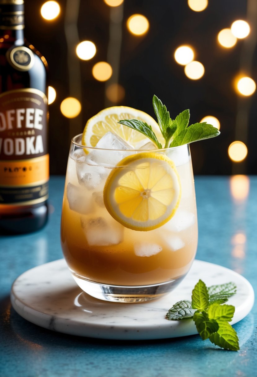 A glass filled with toffee vodka, lemon juice, and ice, garnished with a lemon slice and a sprig of mint