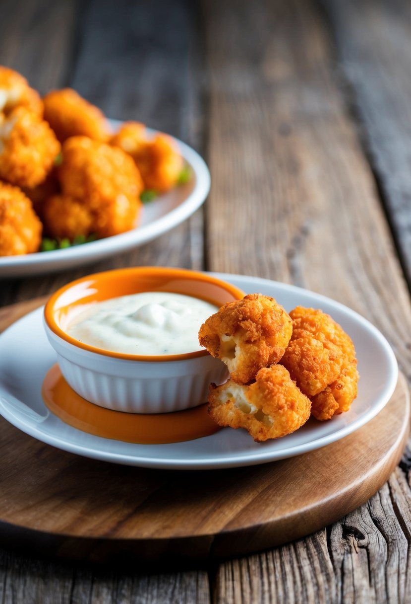 A plate of crispy buffalo cauliflower bites with a side of dipping sauce on a wooden table