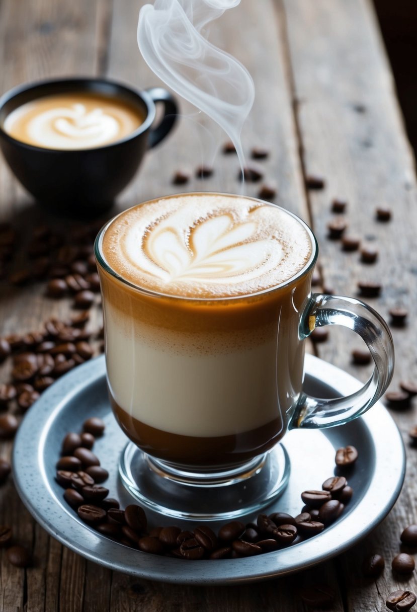 A steaming mug of butterscotch and toffee vodka latte sits on a rustic wooden table, surrounded by scattered coffee beans and a swirl of creamy foam