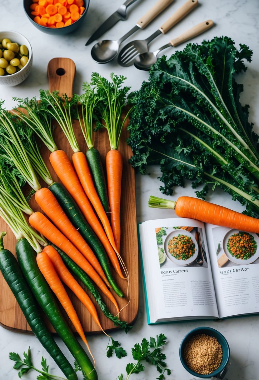 A colorful array of fresh carrots, kale, and herbs on a wooden cutting board, surrounded by various cooking utensils and a recipe book open to a vegan carrot dish