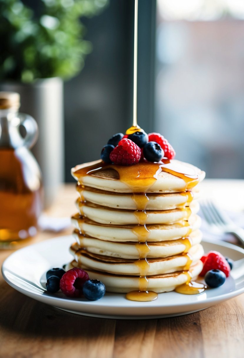 A stack of cream cheese pancakes topped with berries and drizzled with sugar-free syrup on a white plate