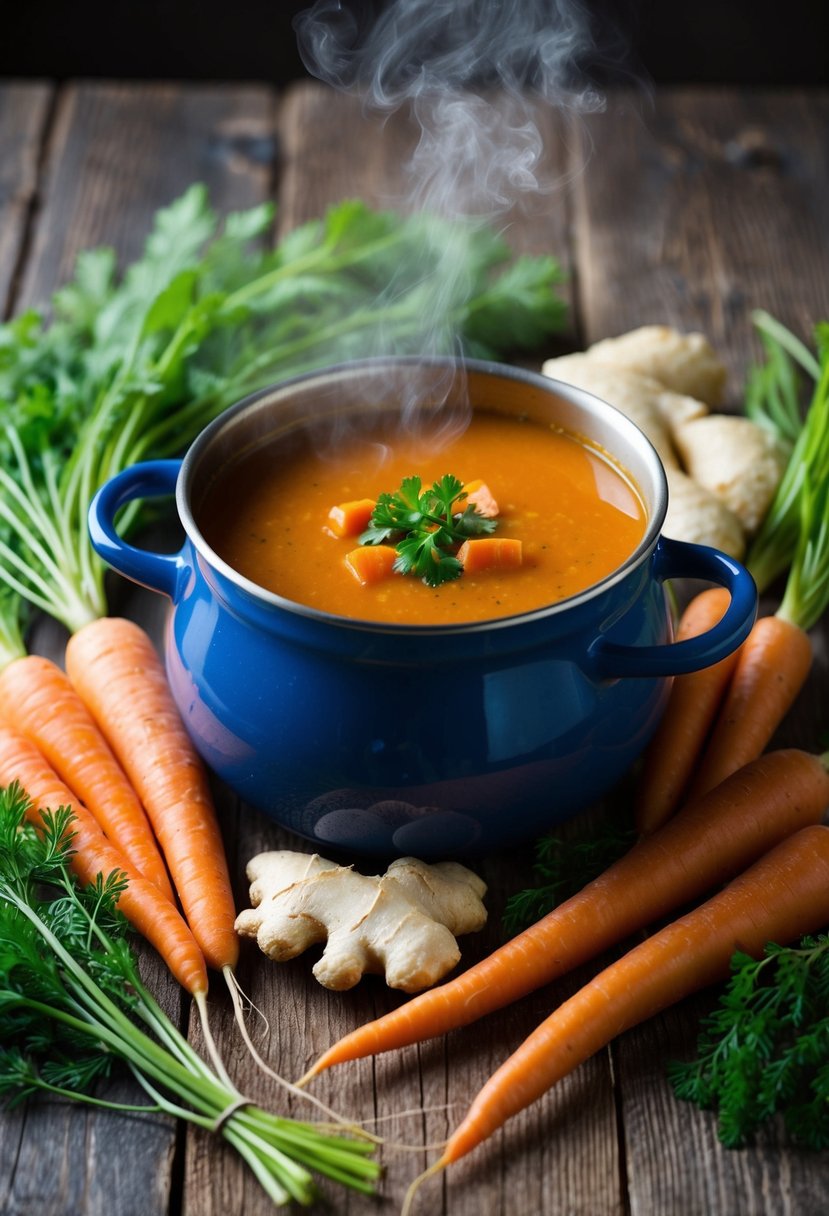 A steaming pot of carrot ginger soup surrounded by fresh carrots, ginger, and other vegetables on a rustic wooden table