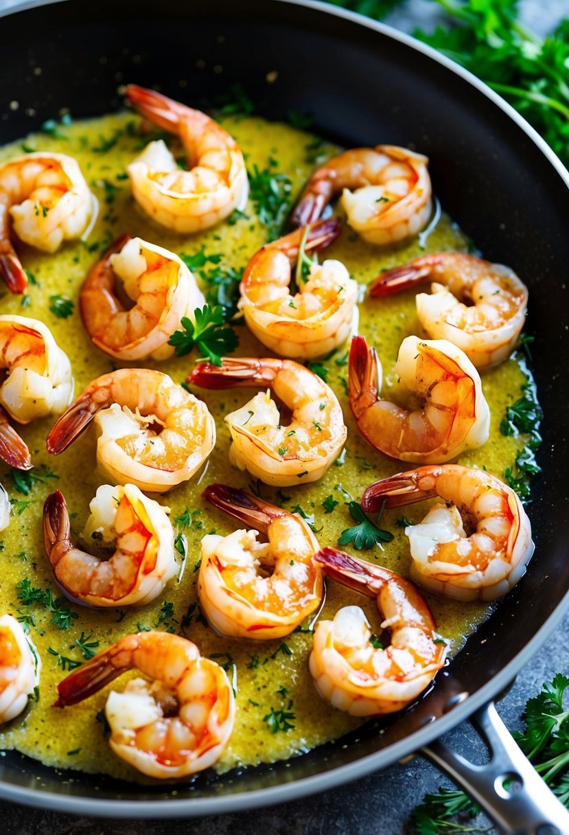 A skillet sizzling with plump shrimp bathed in golden garlic butter, surrounded by fresh herbs and a sprinkle of seasoning