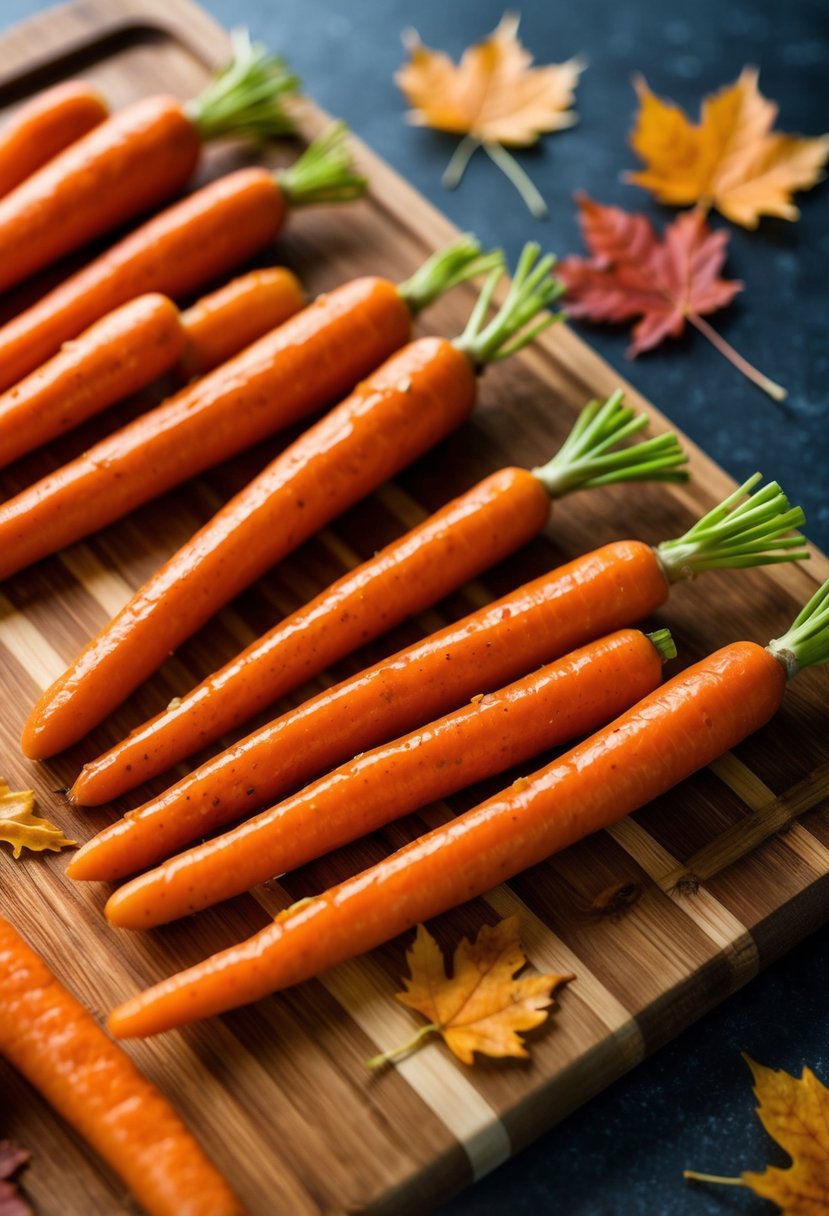 Carrot sticks coated in maple glaze, arranged on a wooden cutting board with scattered maple leaves