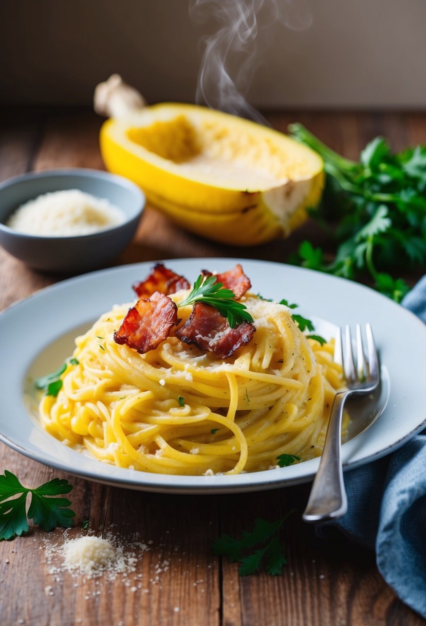 A steaming plate of spaghetti squash carbonara with crispy bacon and creamy sauce, garnished with fresh parsley and grated parmesan