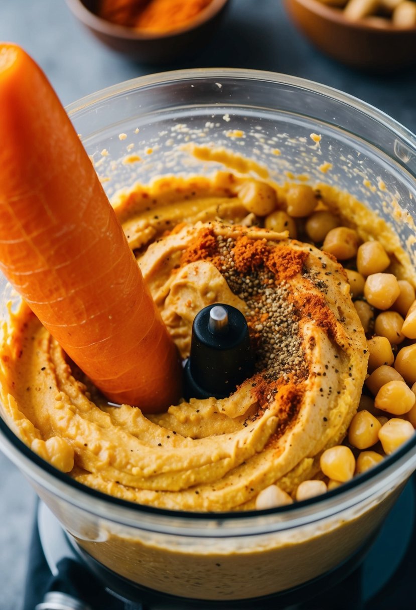 A vibrant orange carrot being blended with spicy seasonings and chickpeas to create a creamy and flavorful vegan hummus