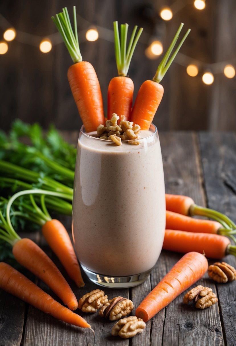 A glass of carrot cake smoothie surrounded by fresh carrots, walnuts, and cinnamon sticks on a rustic wooden table