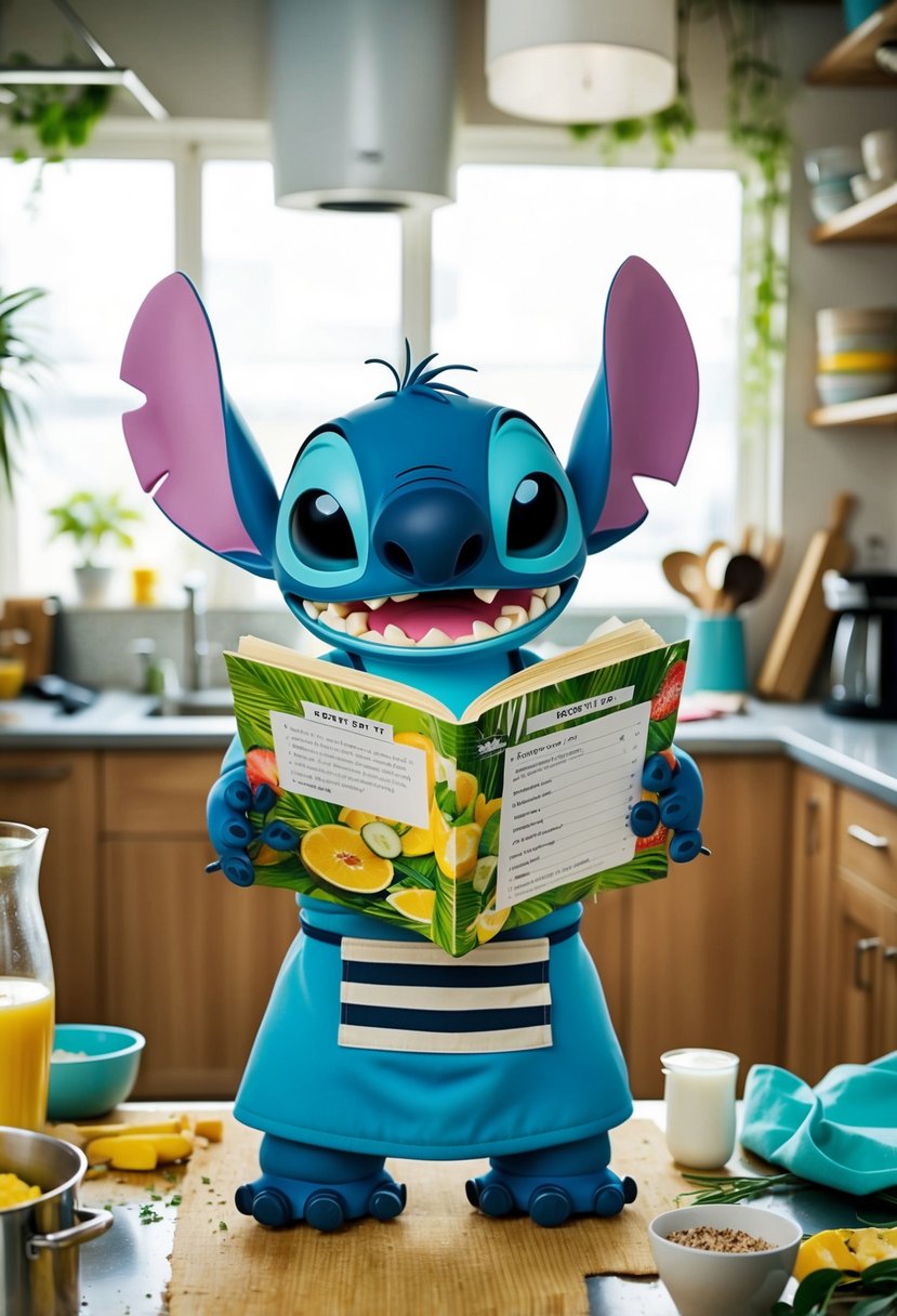 Stitch wearing an apron, surrounded by a messy kitchen, holding a recipe book open to a page with a tropical smoothie recipe