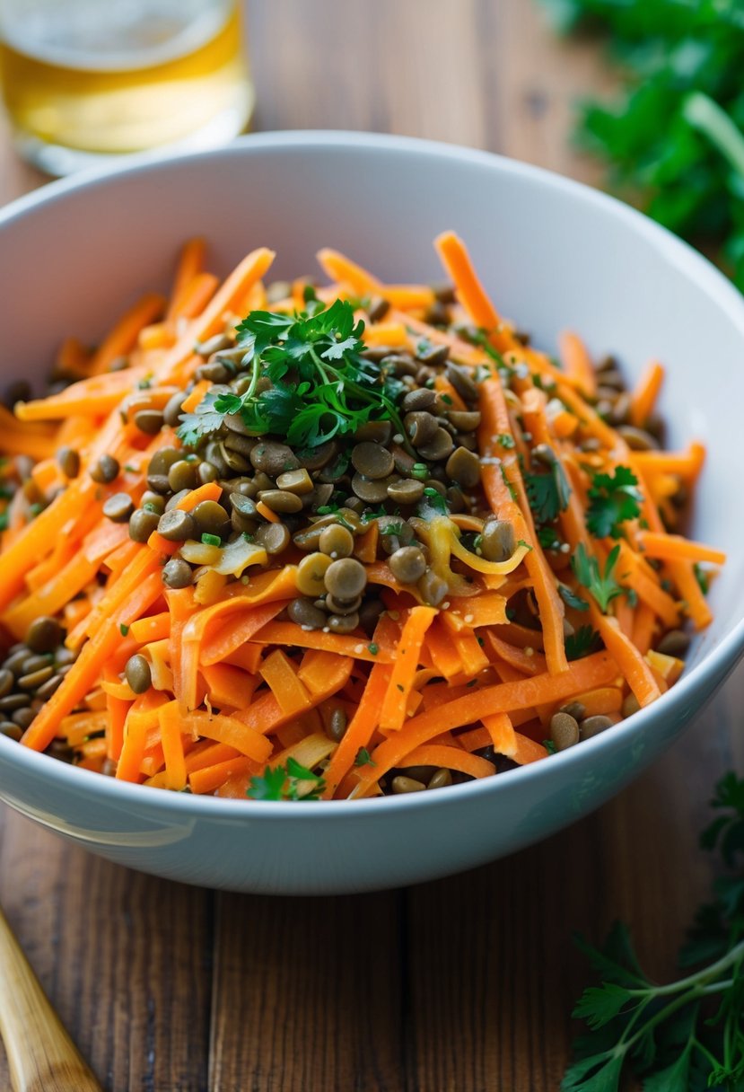 A vibrant bowl of shredded carrots and cooked lentils mixed together, with a drizzle of tangy vinaigrette and a sprinkle of fresh herbs on top