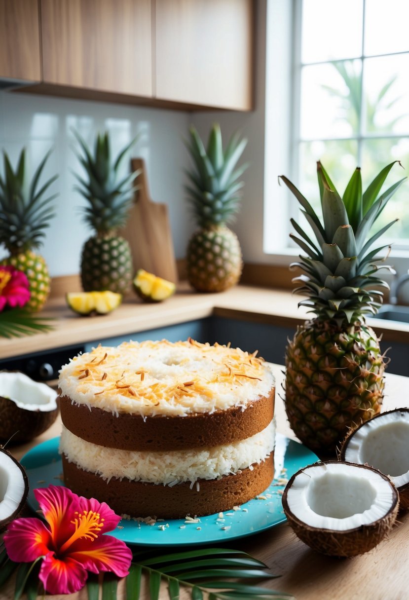 A tropical kitchen scene with a freshly baked coconut cake surrounded by coconuts, pineapples, and hibiscus flowers