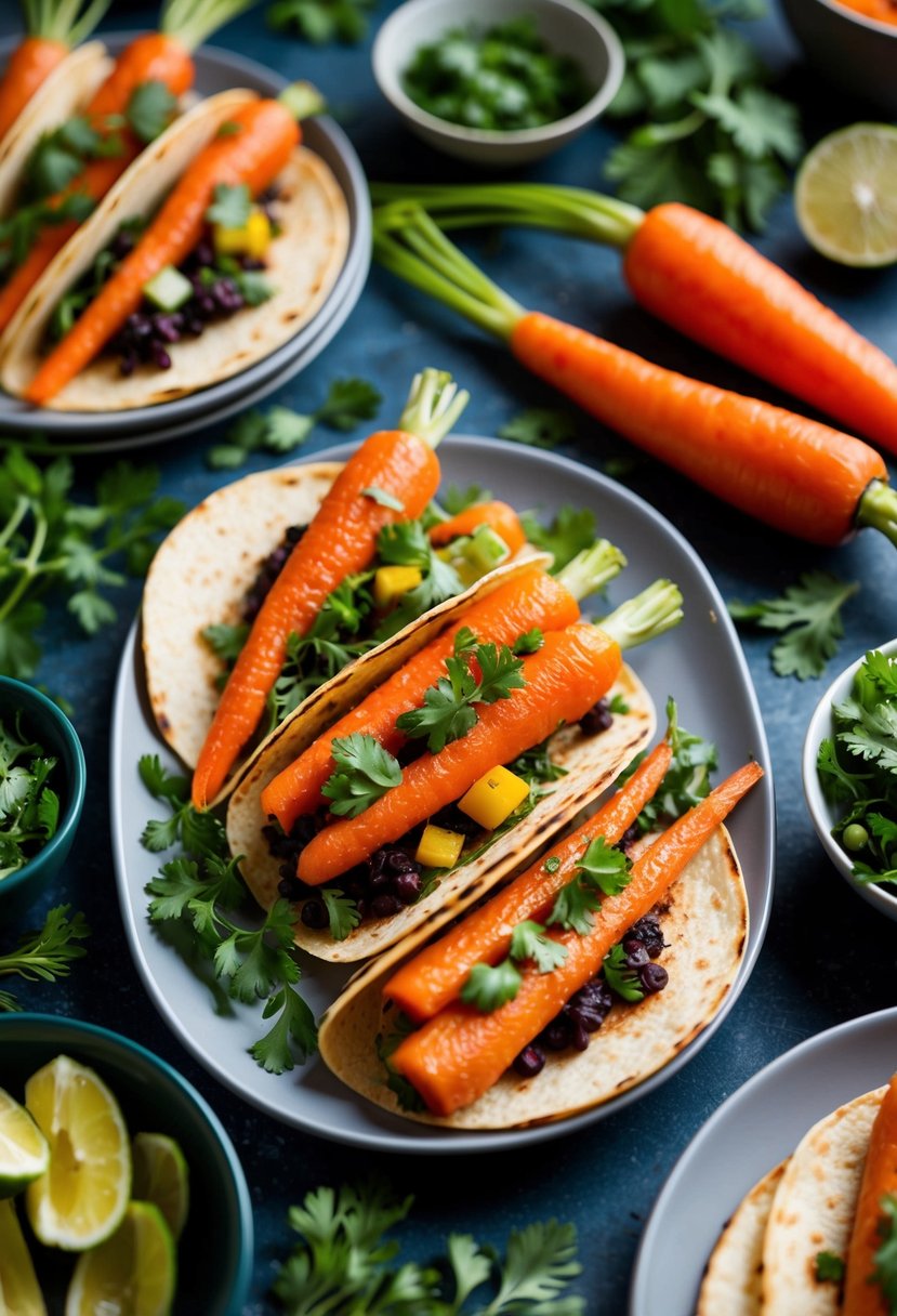 A table set with vibrant roasted carrot tacos surrounded by fresh vegetables and herbs