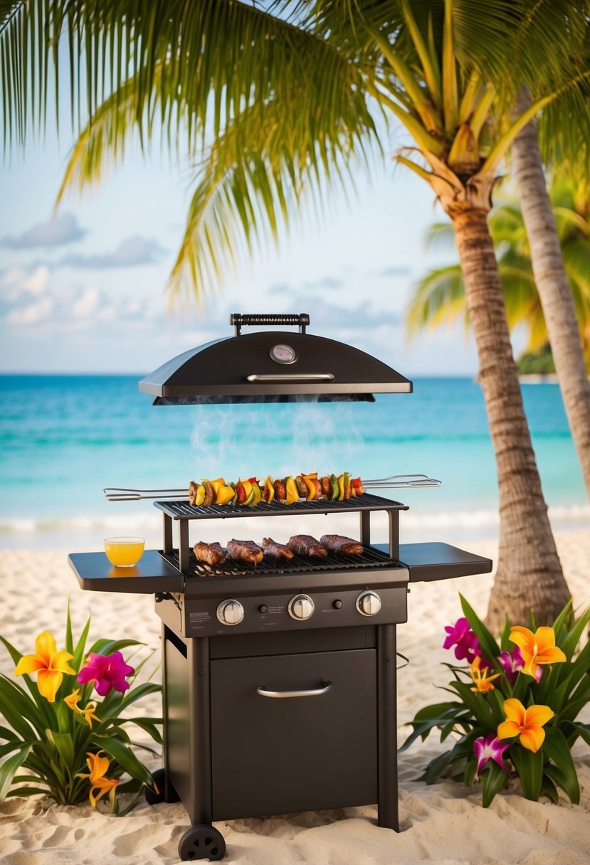 A tropical beach setting with a tiki grill cooking up Hawaiian BBQ skewers, surrounded by lush palm trees and colorful flowers