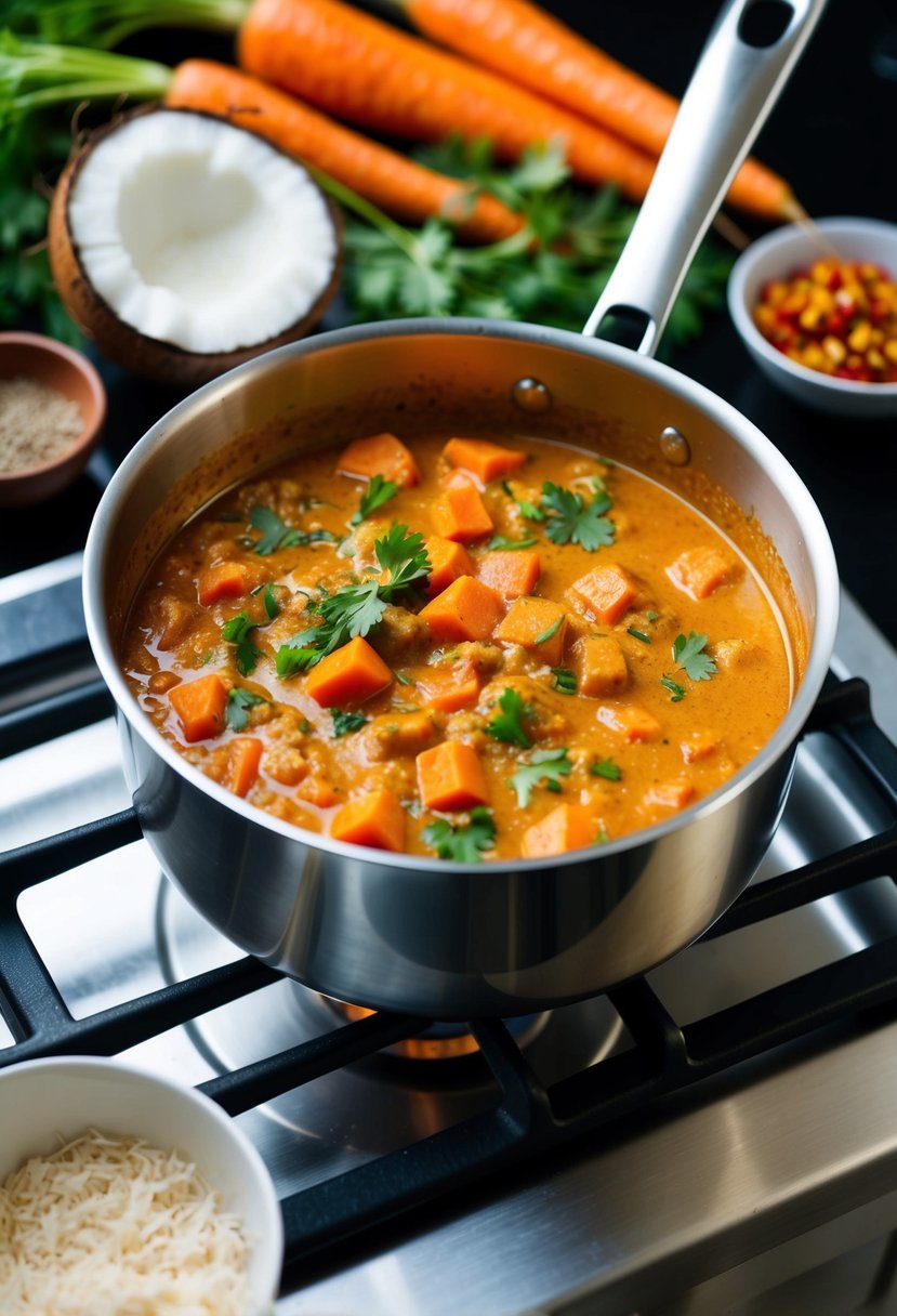 A bubbling pot of carrot coconut curry simmers on a stovetop, surrounded by fresh carrots, coconut milk, and an array of aromatic spices