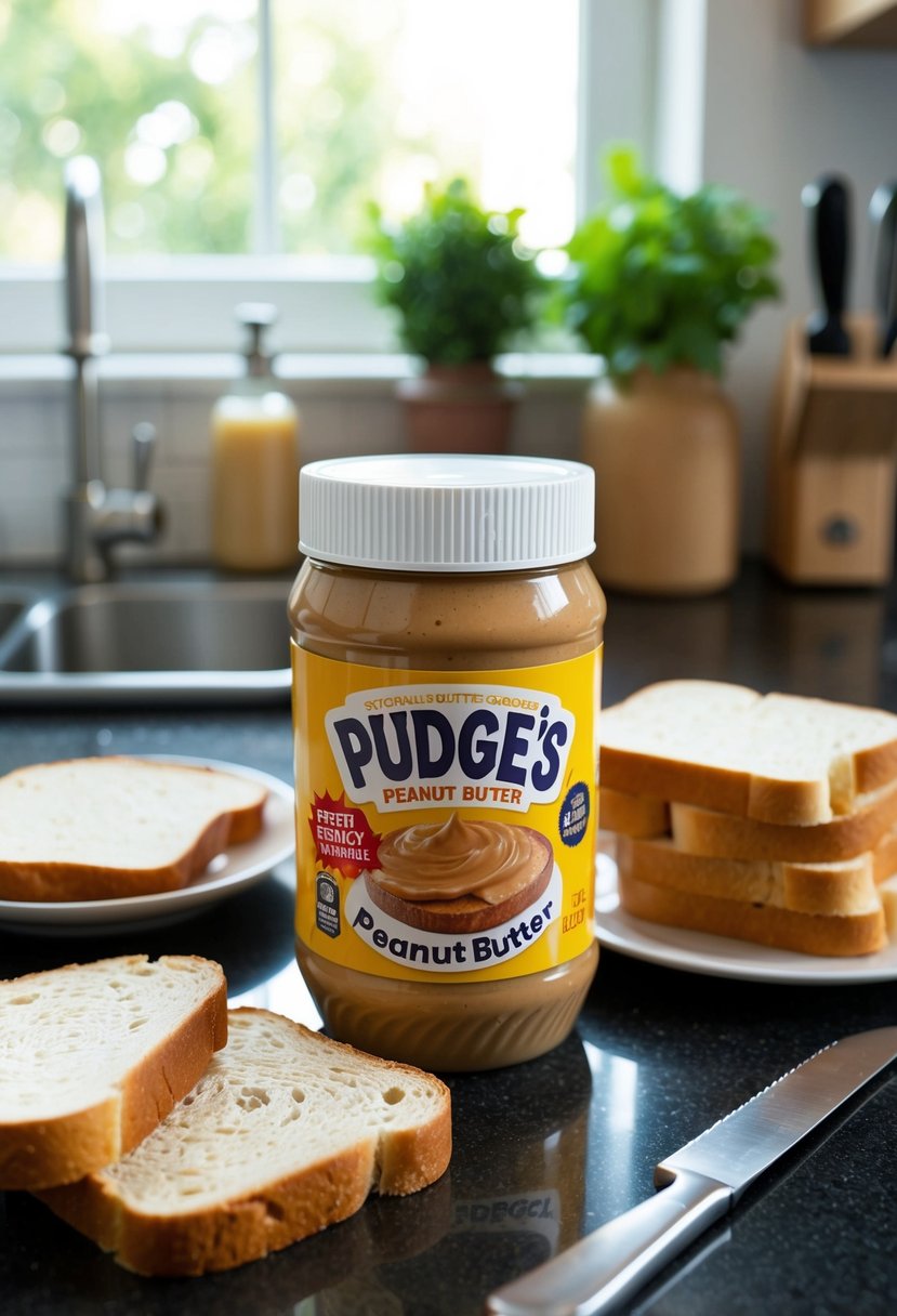 A jar of Pudge's Peanut Butter rests on a kitchen counter, surrounded by slices of bread, a knife, and a plate