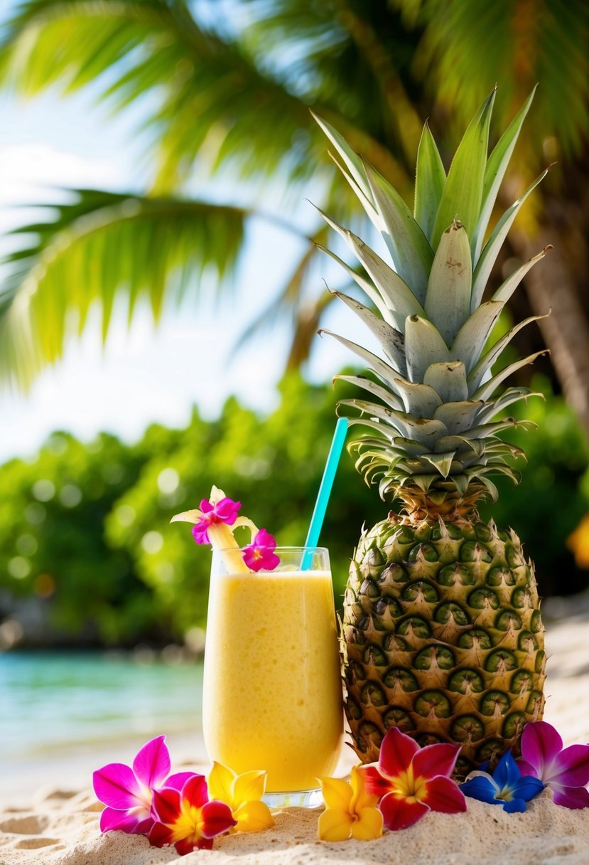 A tropical beach scene with a pineapple smoothie, surrounded by lush greenery and colorful flowers