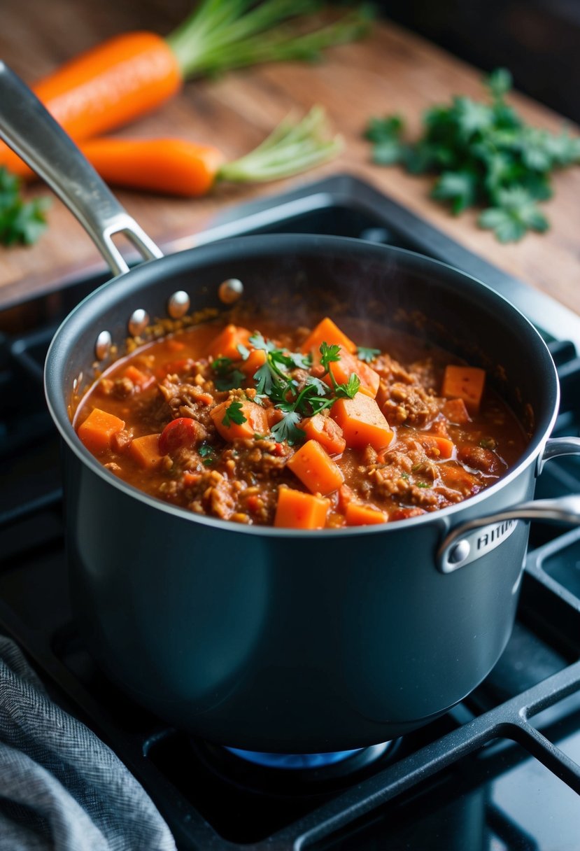 A pot of bubbling carrot bolognese sauce simmers on a stovetop, filled with diced carrots, tomatoes, and herbs