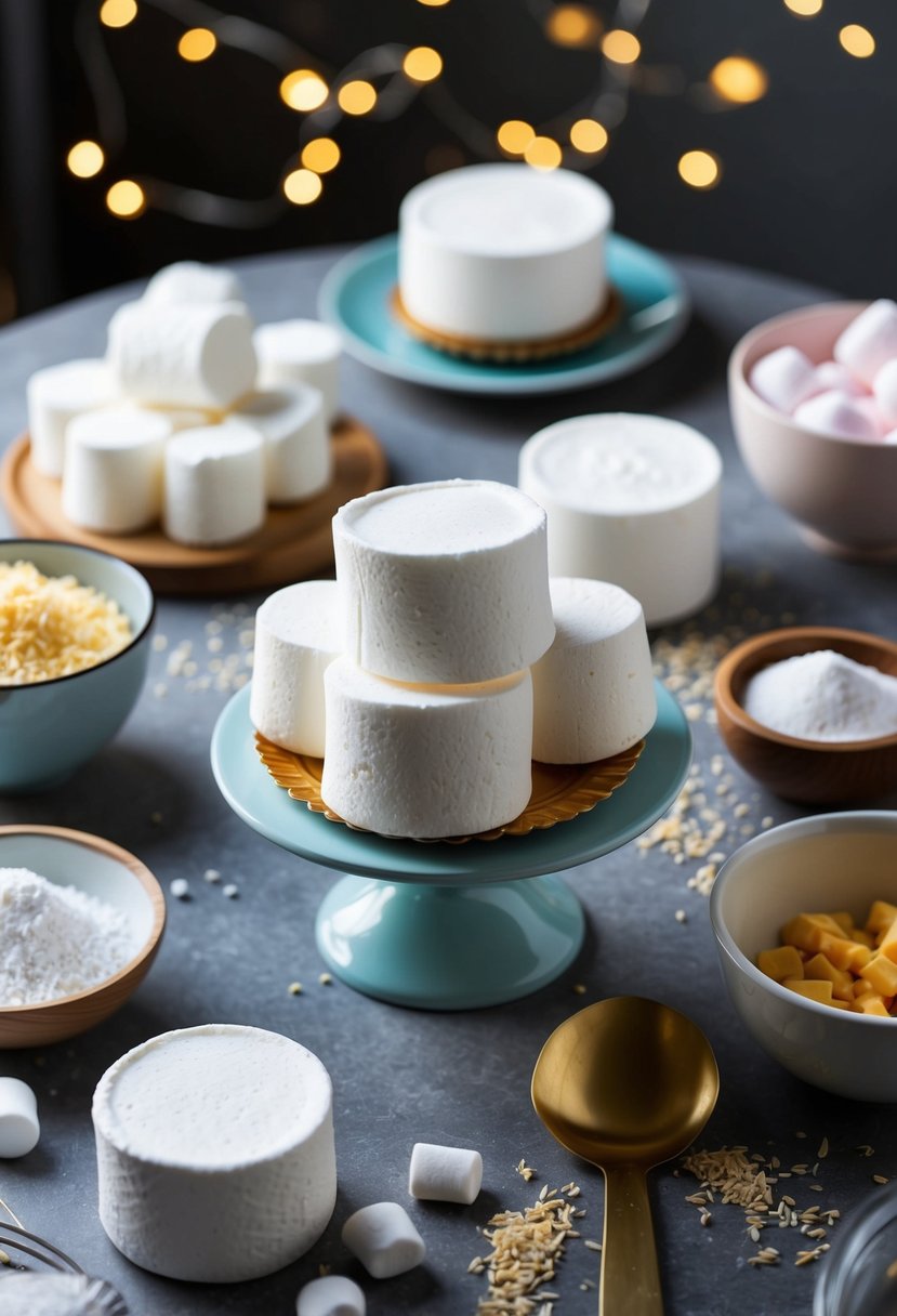 A table set with various marshmallow desserts, surrounded by ingredients and utensils