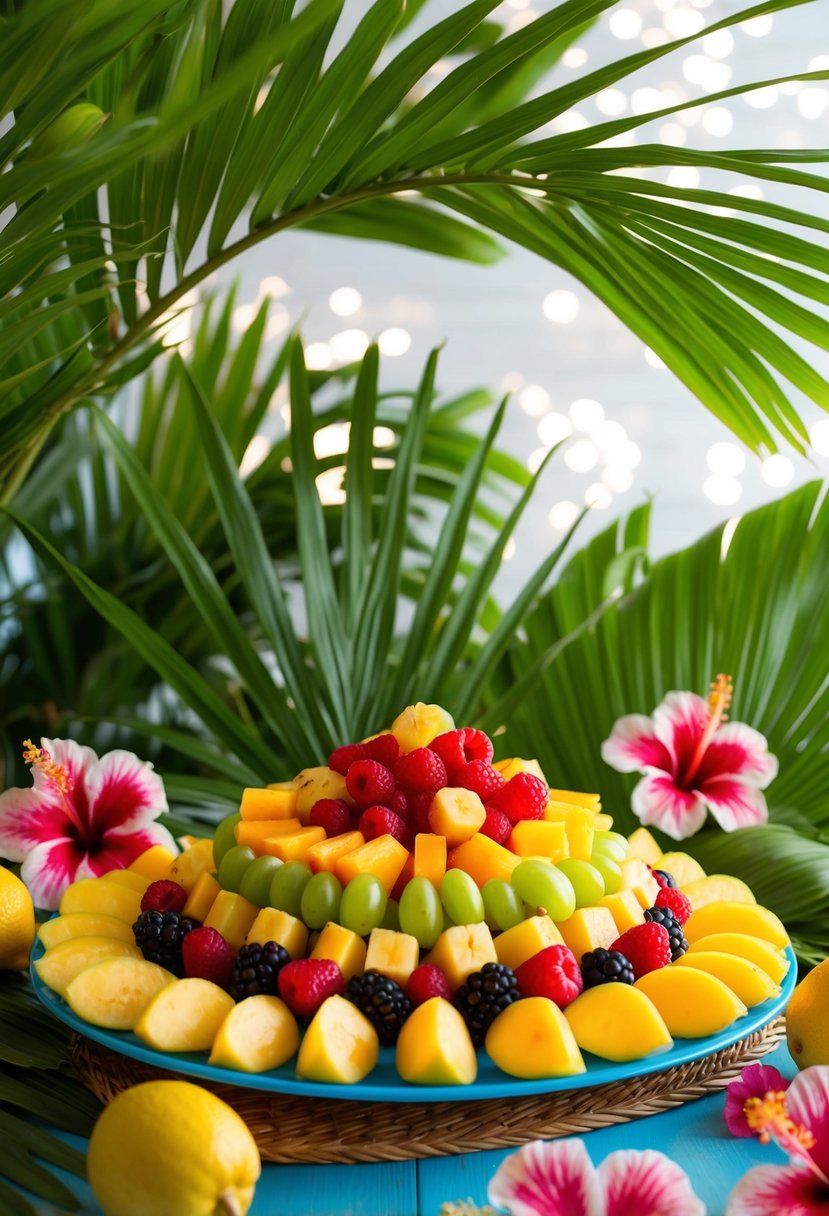 A vibrant tropical fruit salad arranged on a colorful platter, surrounded by lush green palm leaves and hibiscus flowers