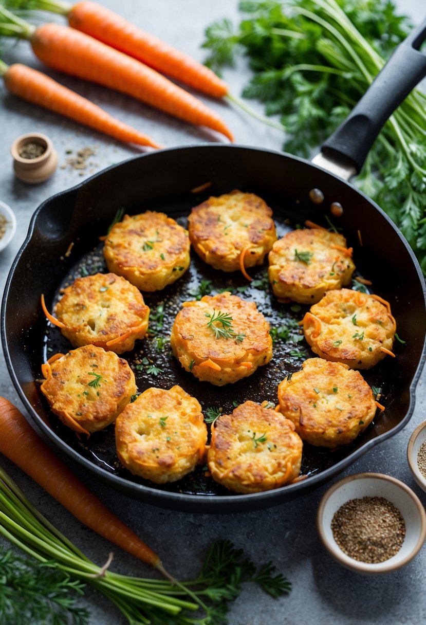 A sizzling skillet filled with golden crispy carrot fritters surrounded by fresh carrots, herbs, and spices