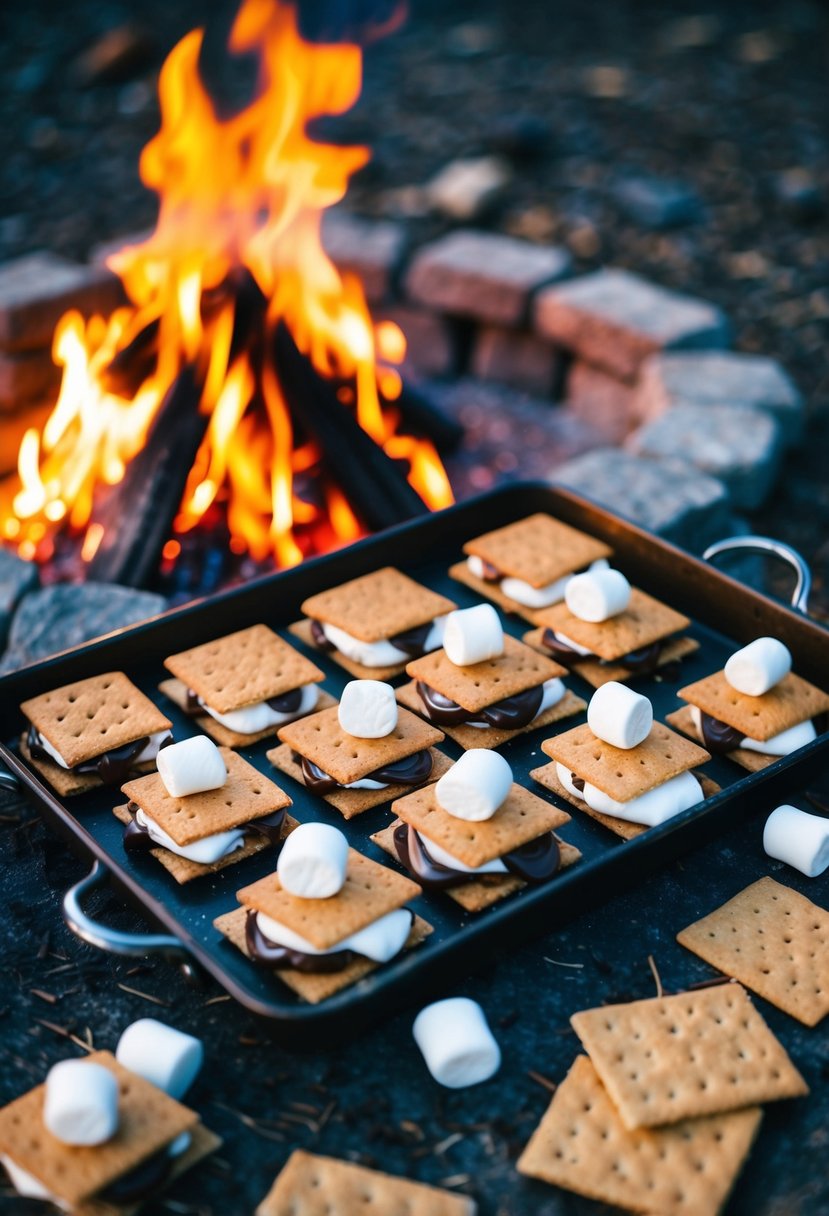 A rustic campfire with a golden-brown tray of s'mores bars surrounded by graham crackers, chocolate, and fluffy marshmallows