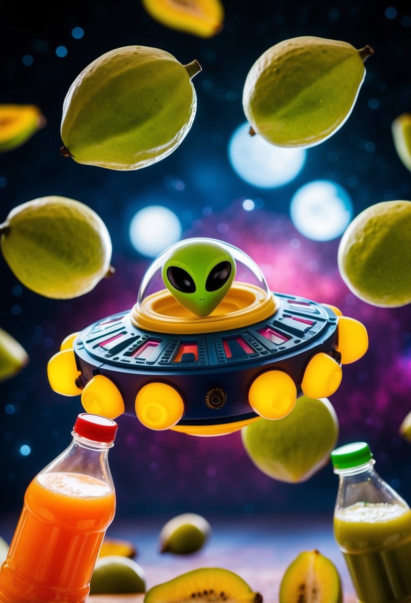 A colorful alien spaceship surrounded by floating guava fruits and juice bottles