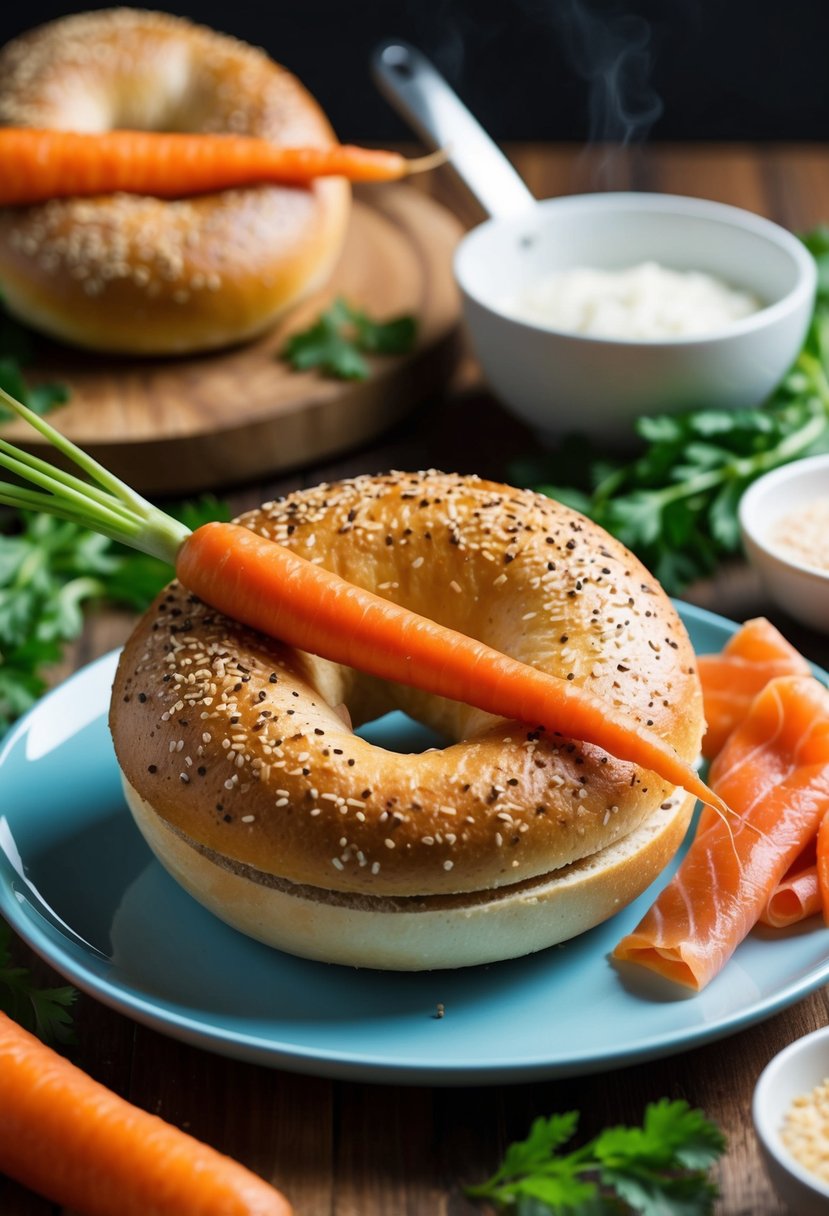 A colorful bagel topped with carrot lox, surrounded by fresh ingredients and cooking utensils