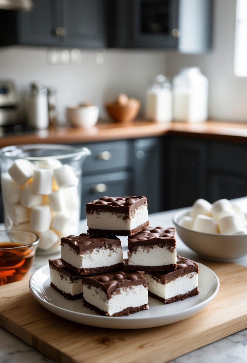 A kitchen counter with ingredients for rocky road fudge marshmallow desserts