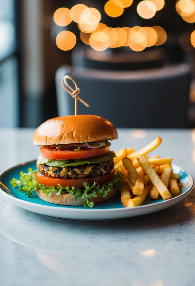 A colorful plate of veggie burger with fresh lettuce, tomato, and a side of golden fries