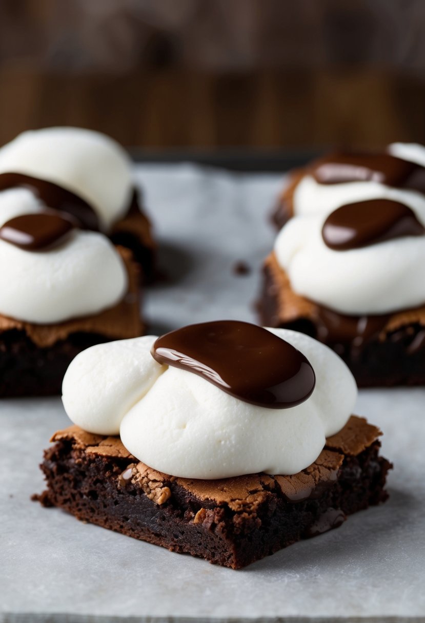 A pan of gooey brownies topped with a layer of fluffy marshmallow cream, with a drizzle of chocolate sauce on top