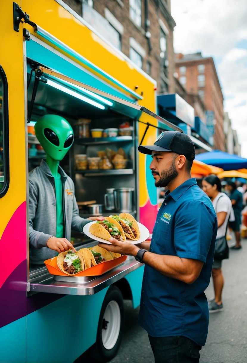 A colorful food truck serves alien-themed tacos amidst a bustling street market