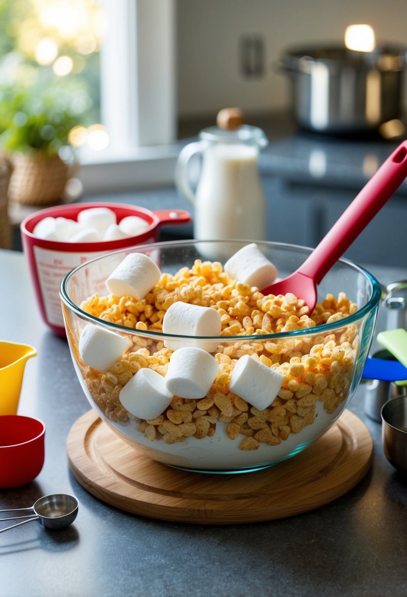 A mixing bowl filled with melted marshmallows and rice krispies, surrounded by measuring cups and a spatula on a kitchen counter