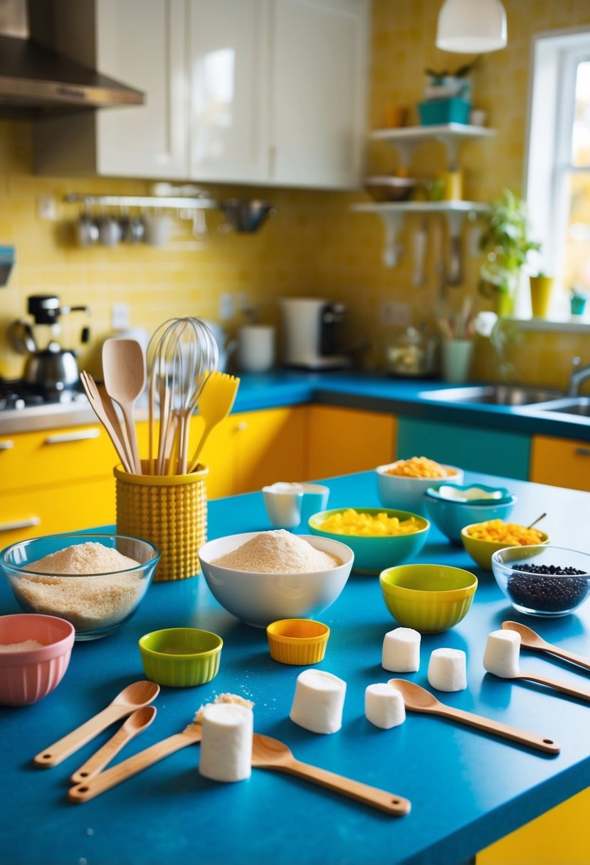 A colorful kitchen counter with various ingredients and utensils laid out to make Scrump's Marshmallow Pops from Lilo and Stitch