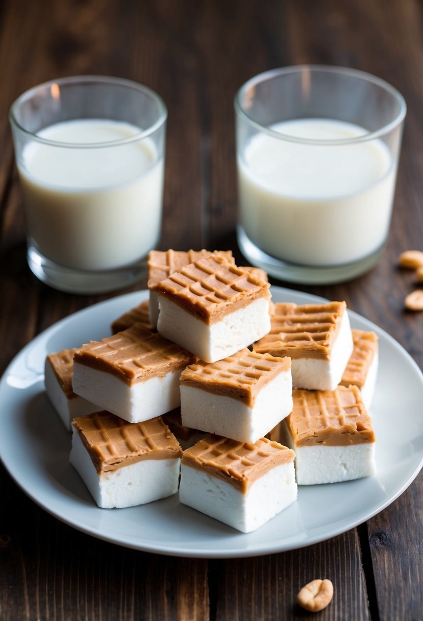 A plate of marshmallow peanut butter squares on a wooden table with a glass of milk beside it