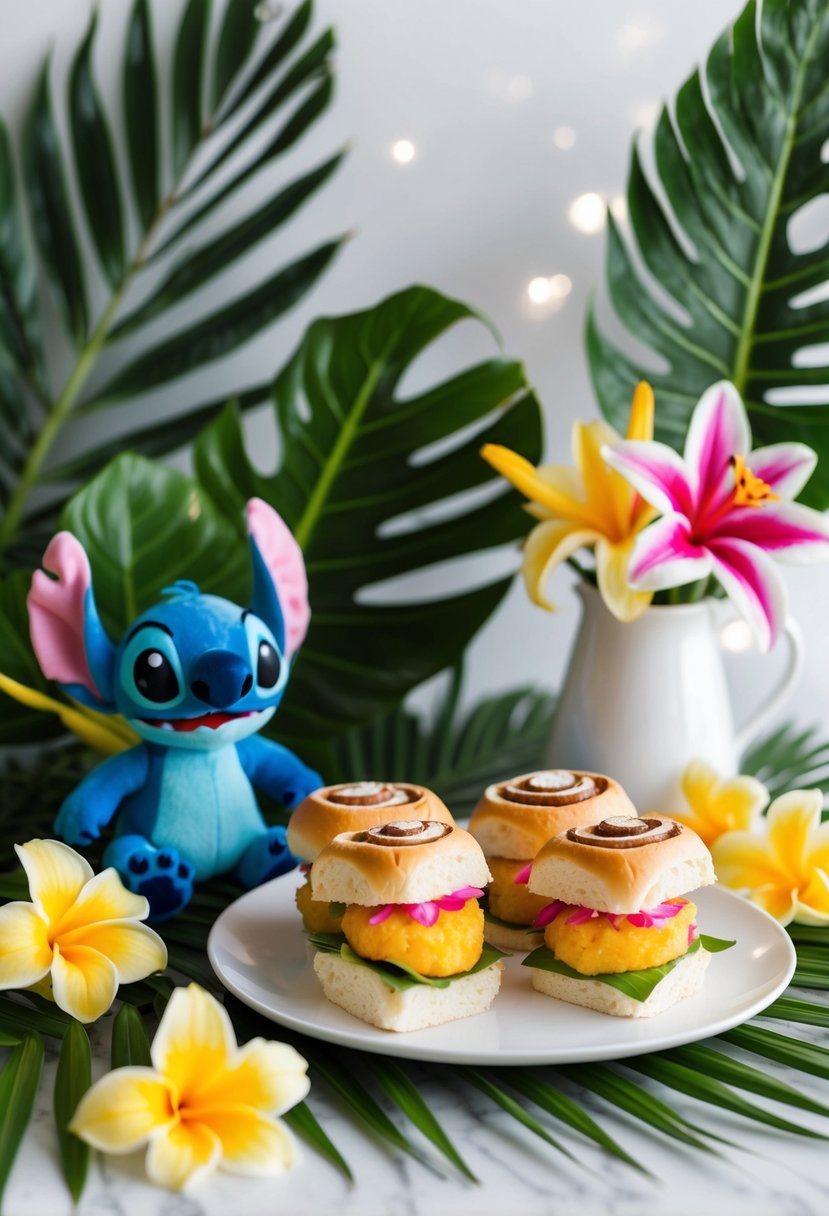 A table set with Hawaiian Sweet Roll Sliders, surrounded by tropical flowers and leaves, with a Stitch plush toy nearby