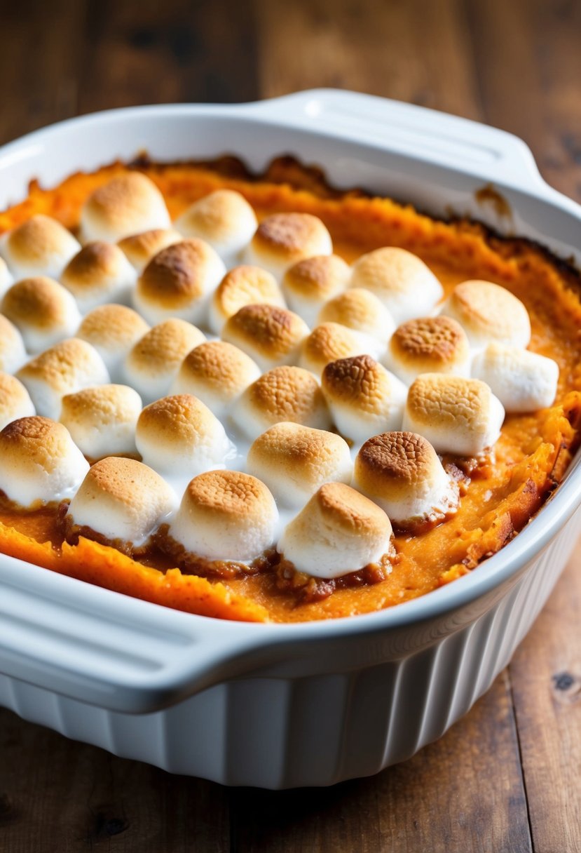 A golden-brown sweet potato casserole sits in a white ceramic dish, topped with a layer of gooey, toasted marshmallows