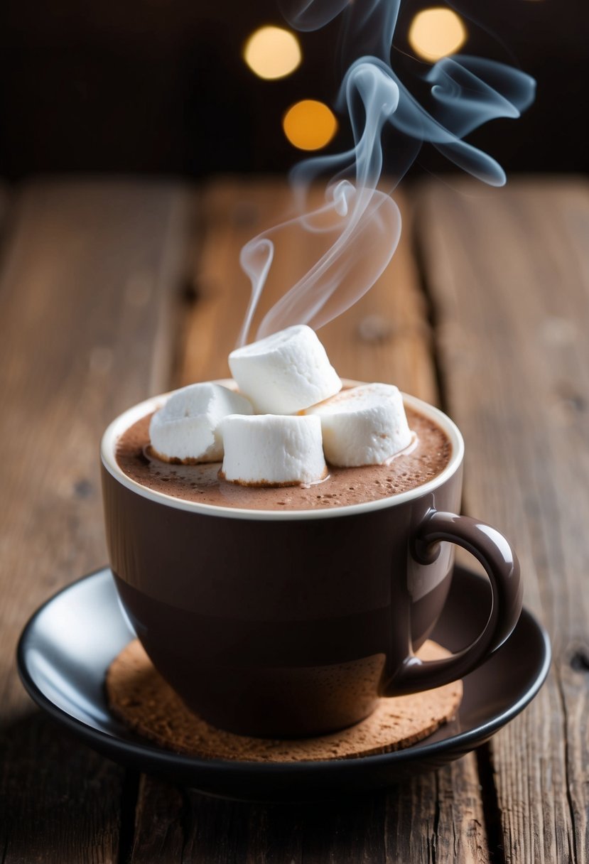 A steaming cup of hot chocolate topped with homemade marshmallows on a rustic wooden table