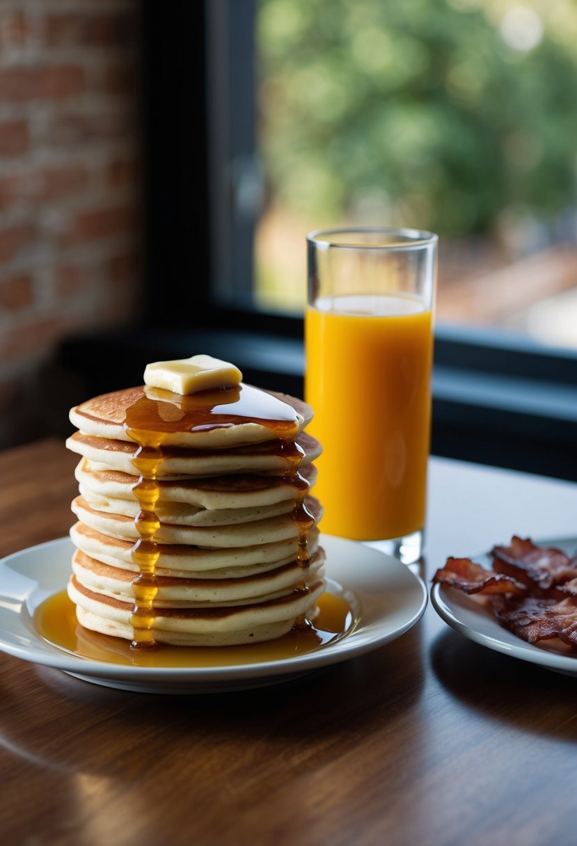 A stack of fluffy pancakes topped with syrup and butter, alongside a plate of crispy bacon and a glass of orange juice on a breakfast table