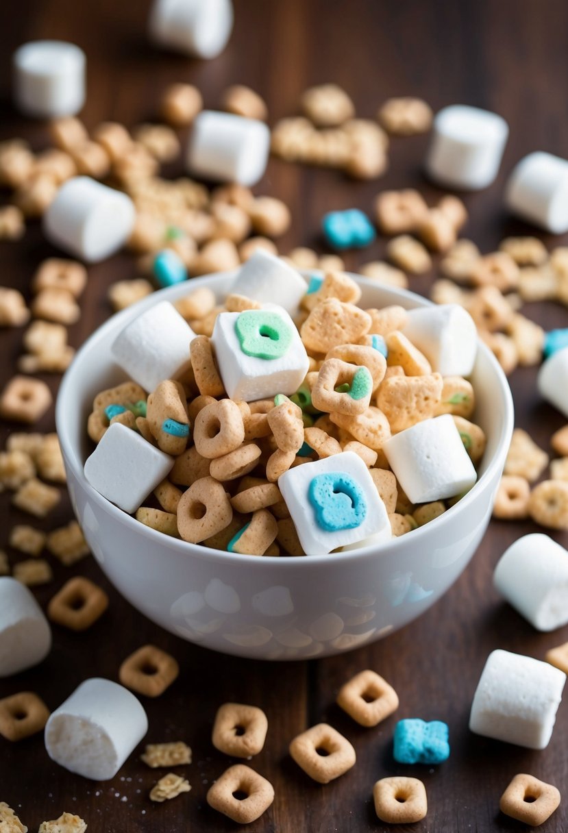 A bowl of Lucky Charms Marshmallow Treats surrounded by scattered marshmallows and cereal pieces