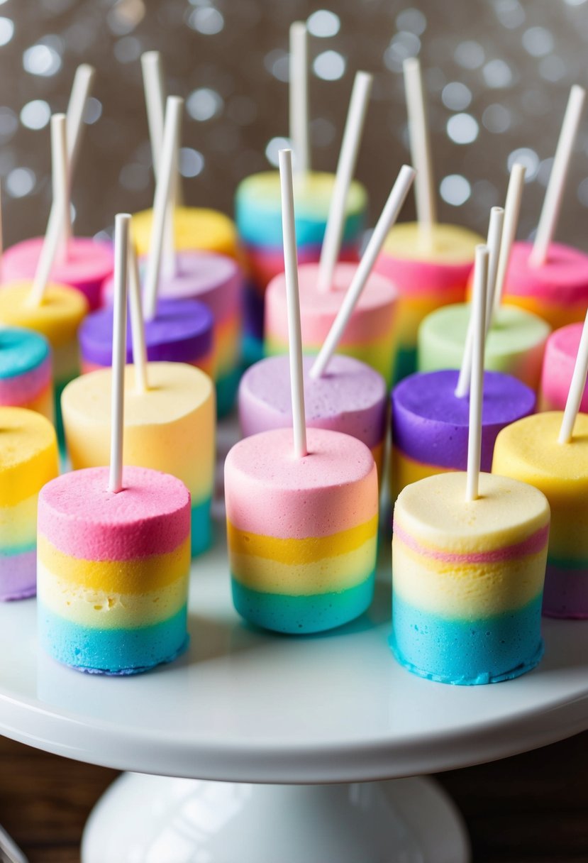 A colorful array of marshmallow pops arranged on a white serving platter, with each pop featuring a rainbow of vibrant colors