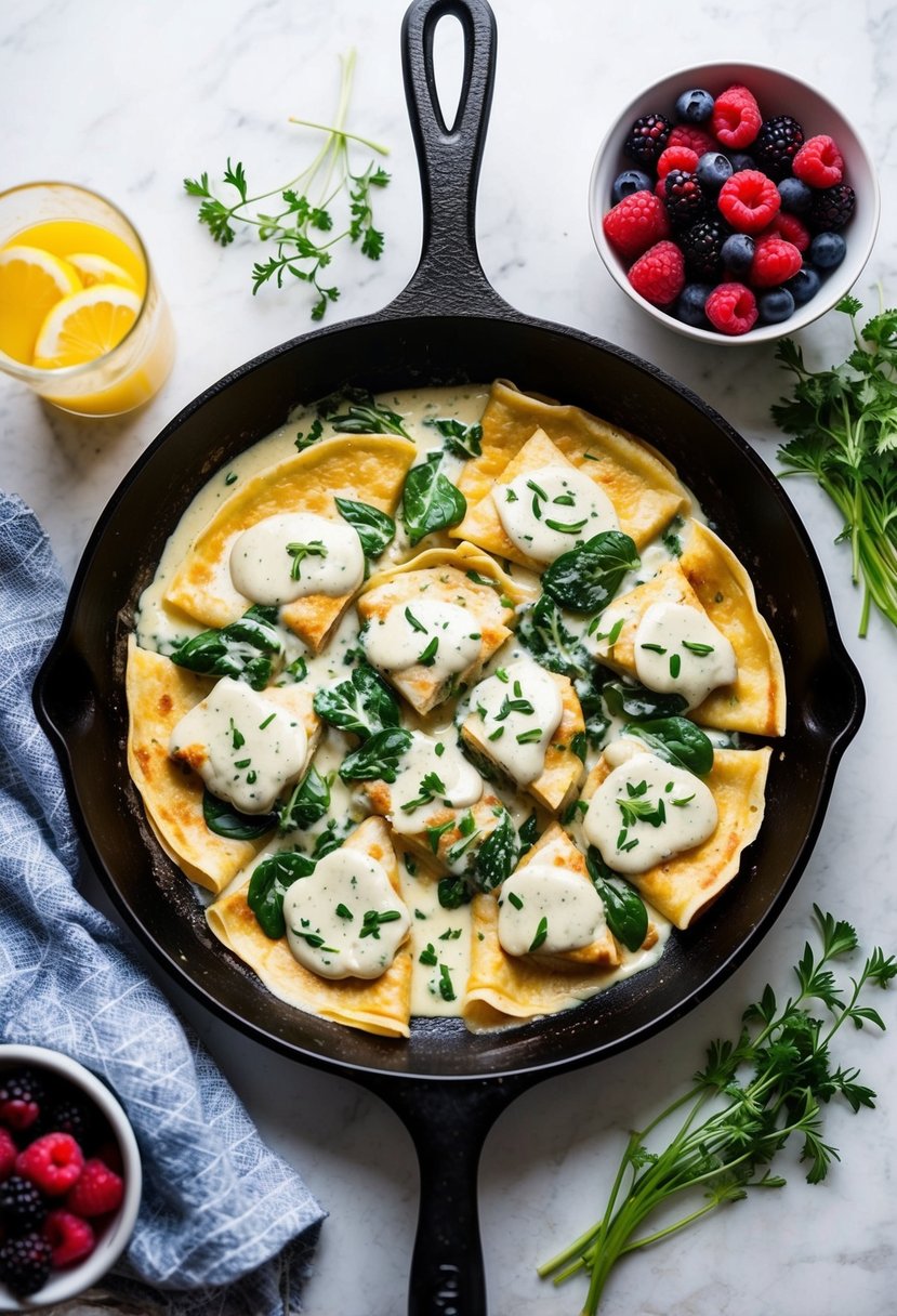 A sizzling skillet of Chicken Florentine Crepes with creamy sauce, spinach, and tender chicken, surrounded by fresh herbs and a side of mixed berries